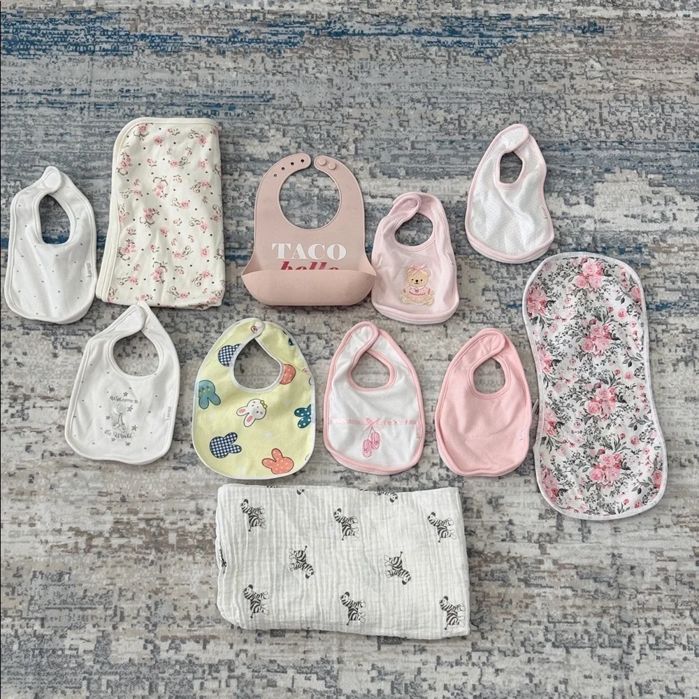 Bundle of Multicolor & Design Baby Bib & Blanket Collection